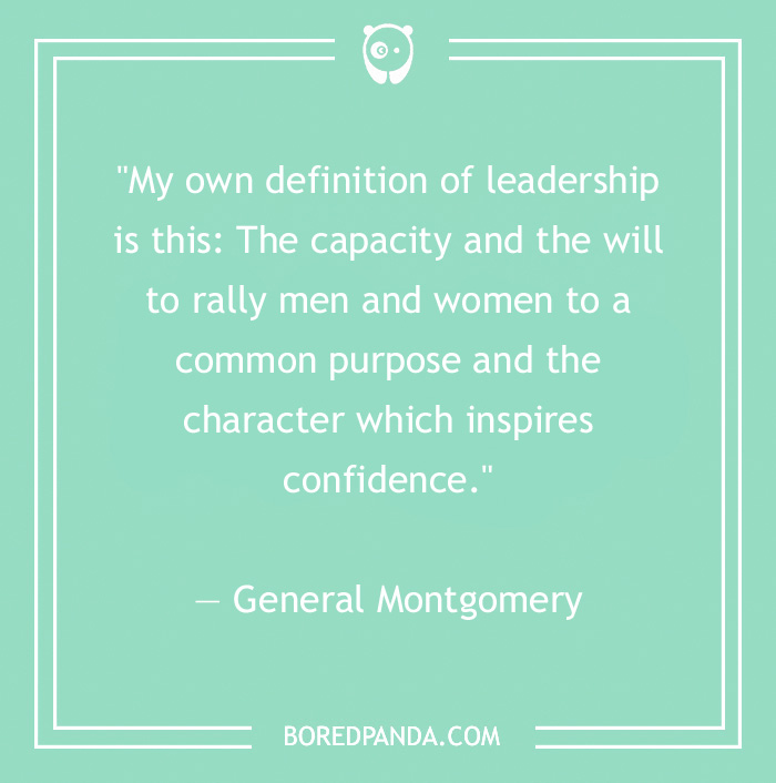 Quote on leadership by General Montgomery on a mint green background, highlighting confidence and purpose.