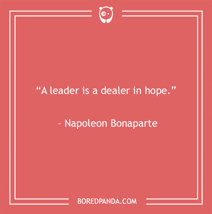 Leadership quote by Napoleon Bonaparte emphasizes the hopeful nature of leaders on a red background.