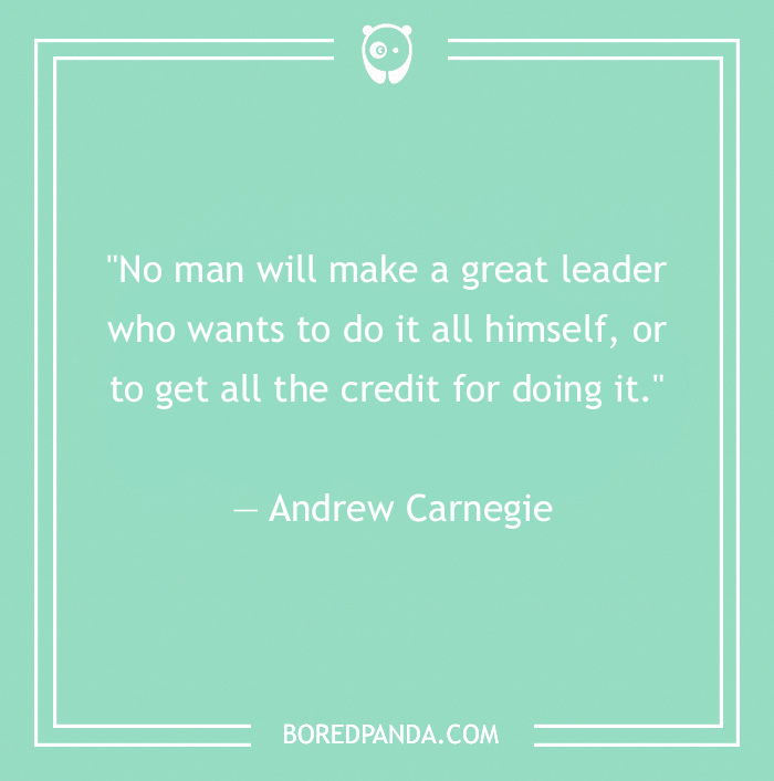 Quote by Andrew Carnegie on leadership, emphasizing collaboration over personal credit on a mint green background.