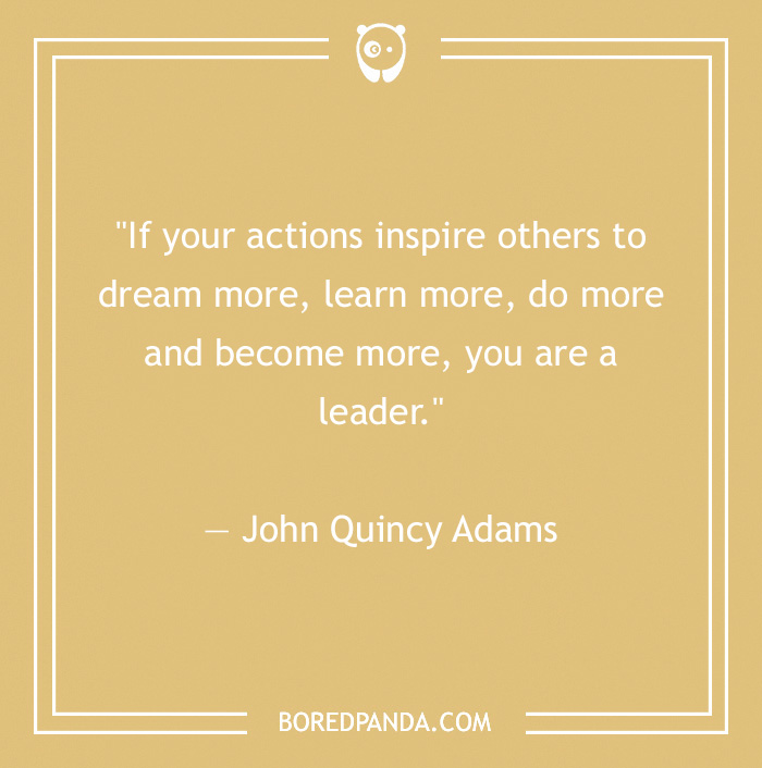Leadership quote by John Quincy Adams on inspiring others displayed on a beige background.