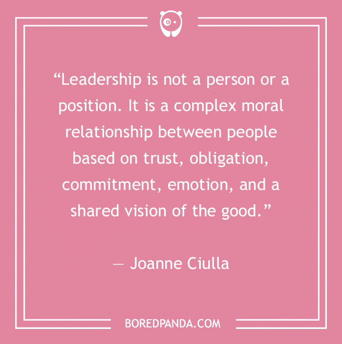 Pink background with a leadership quote by Joanne Ciulla emphasizing trust and commitment.