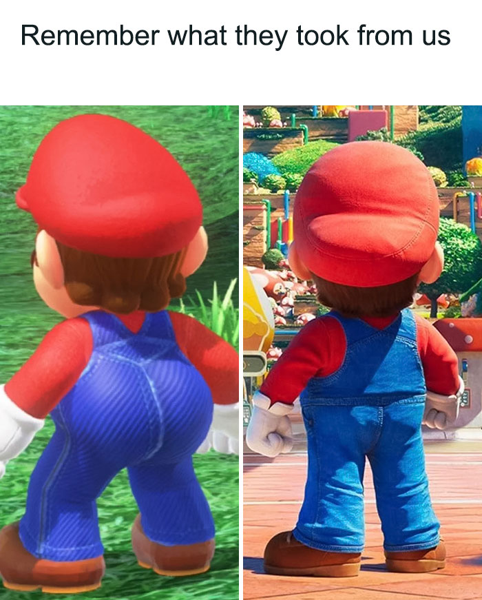 Mario character comparison meme showing different styles of his outfit.