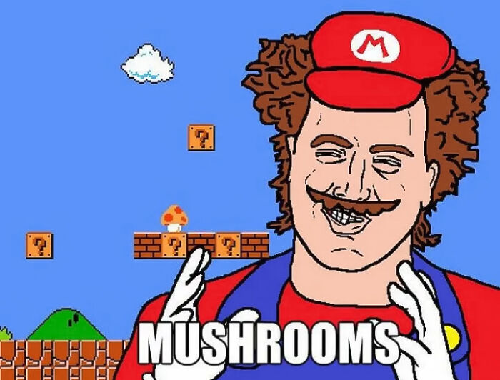 Funny Mario meme featuring exaggerated face and mushrooms in a retro game setting.
