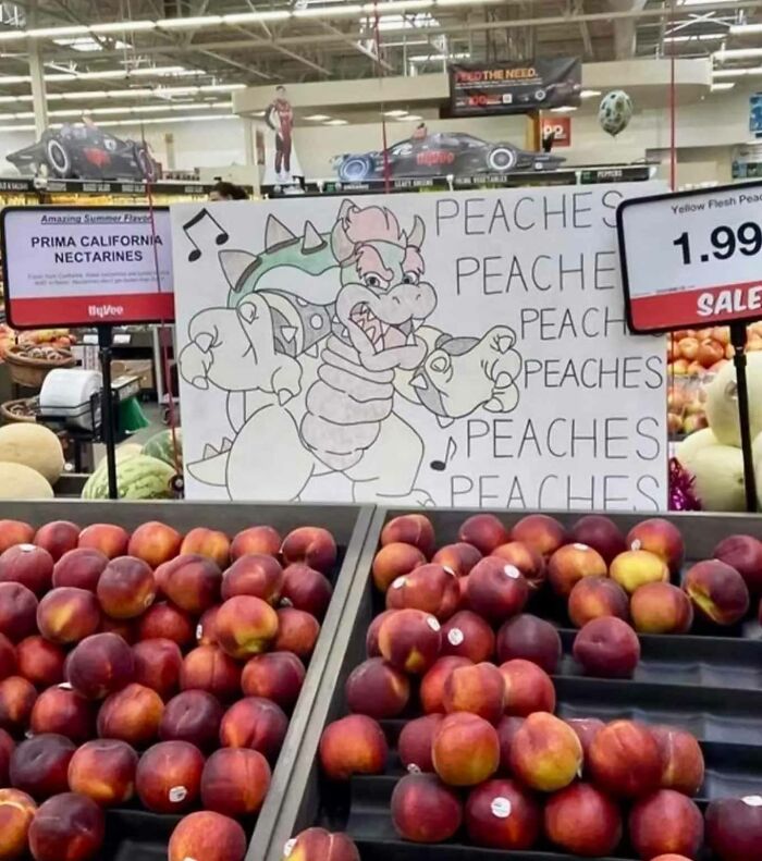 Bowser drawing in a store with peaches, referencing Mario memes humor.