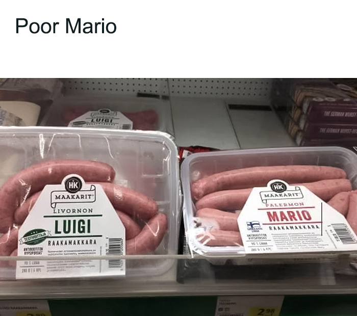 Luigi and Mario sausages labeled in store, showcasing a funny Mario meme.