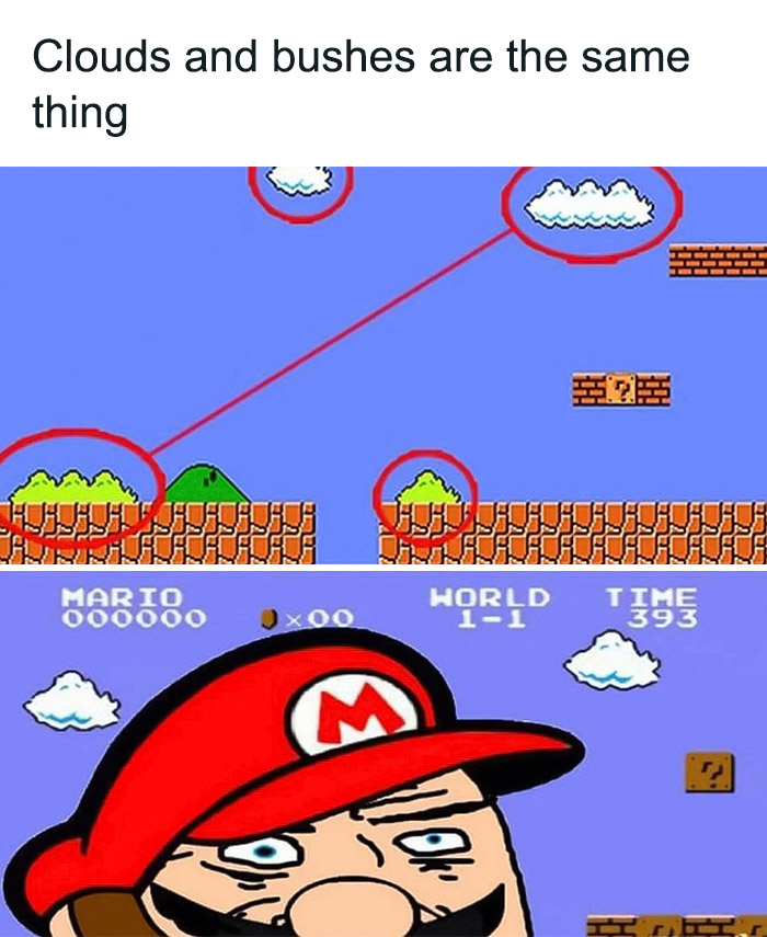 Mario meme highlighting similarity between clouds and bushes in game, with Mario's funny reaction below.
