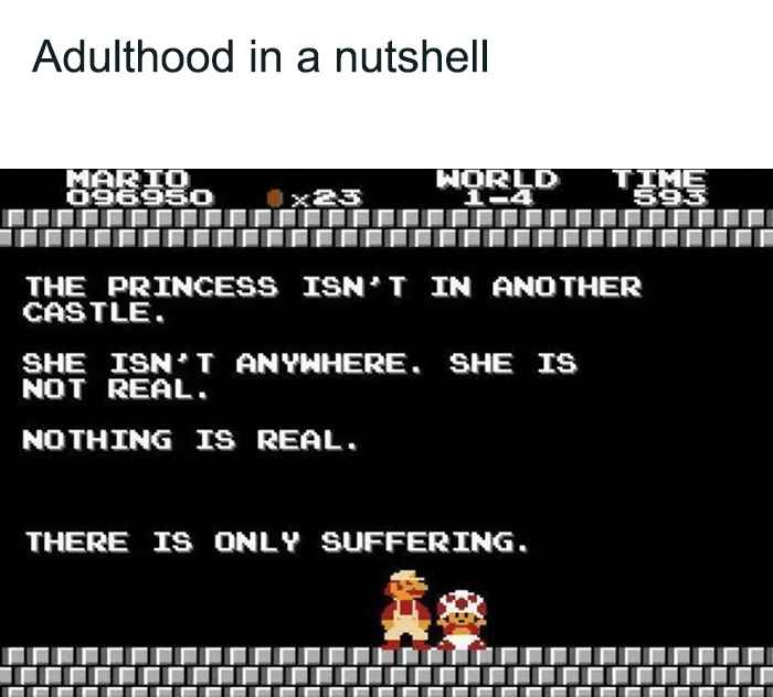 Retro Mario meme showing a humorous twist on the classic “princess is in another castle” message.