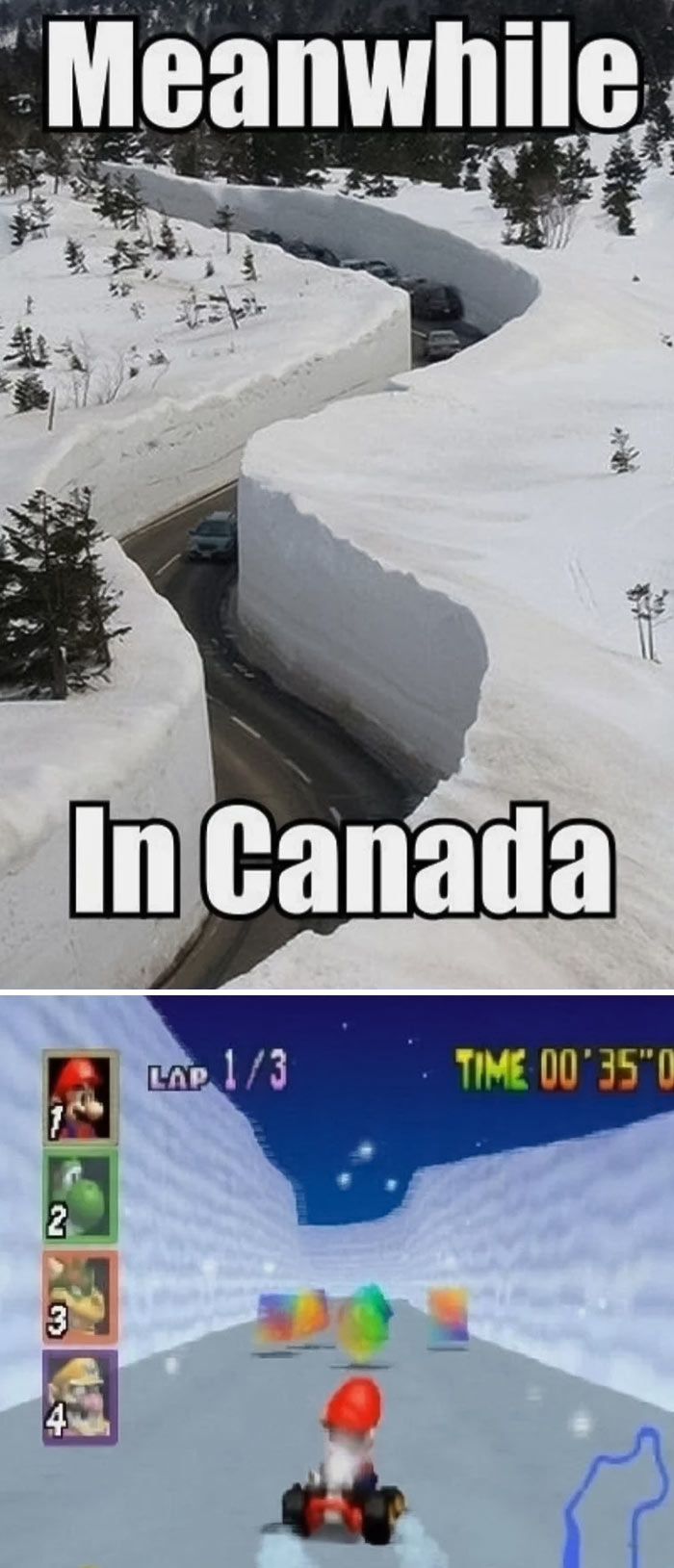 Snowy Mario memes comparing Canada roads and Mario Kart ice track.