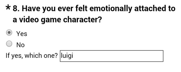 Survey question about emotional attachment to video game characters, highlighting Luigi from Mario memes.