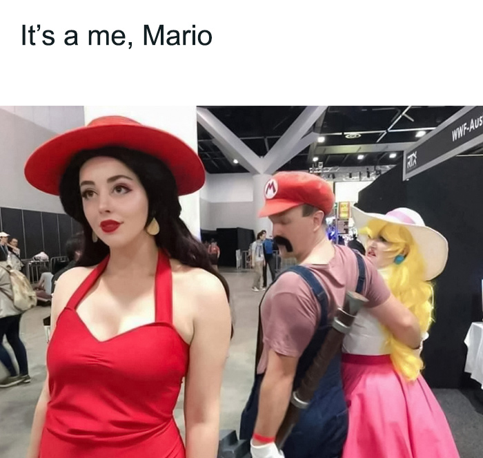 Mario meme with characters cosplaying at a convention, bringing funny content to life.