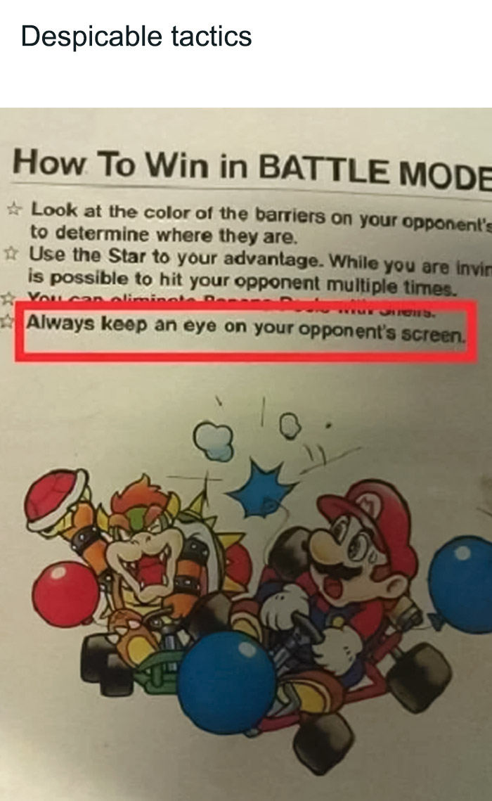 Mario meme featuring game tips with Bowser in a kart, highlighting strategy in gameplay.