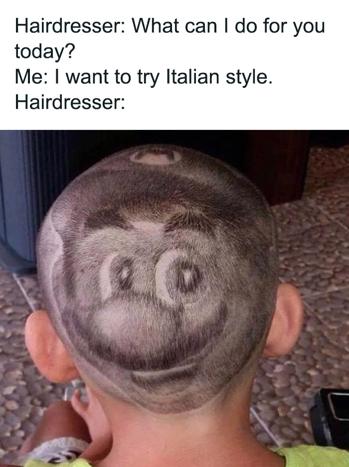 Funny Mario meme with a hairstyle of Mario's face shaved on the back of a child's head.