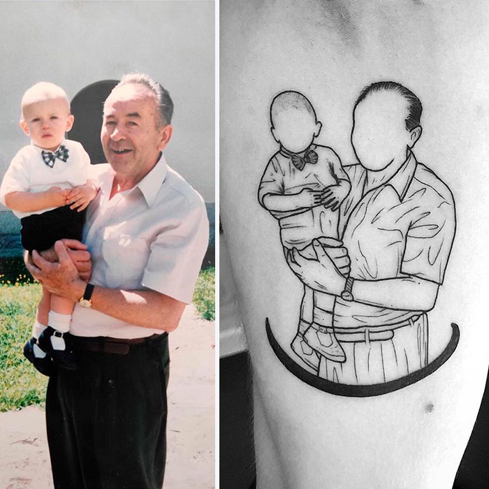 Photo of a grandfather holding a child, alongside a tattoo honoring family with the same image outline.
