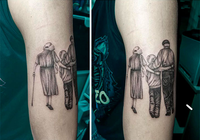 Family memorial tattoo depicting three figures walking together, symbolizing love and remembrance.
