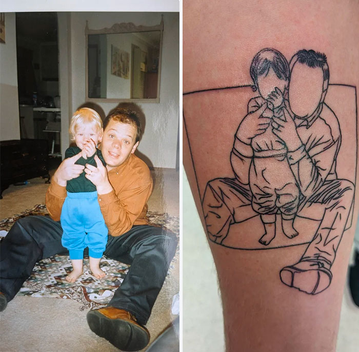 Father and child portrait with matching line art memorial tattoo honoring family.
