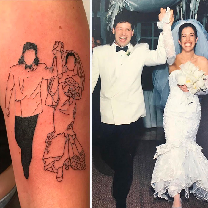 Wedding photo tattoo honoring family with detailed line art on arm.