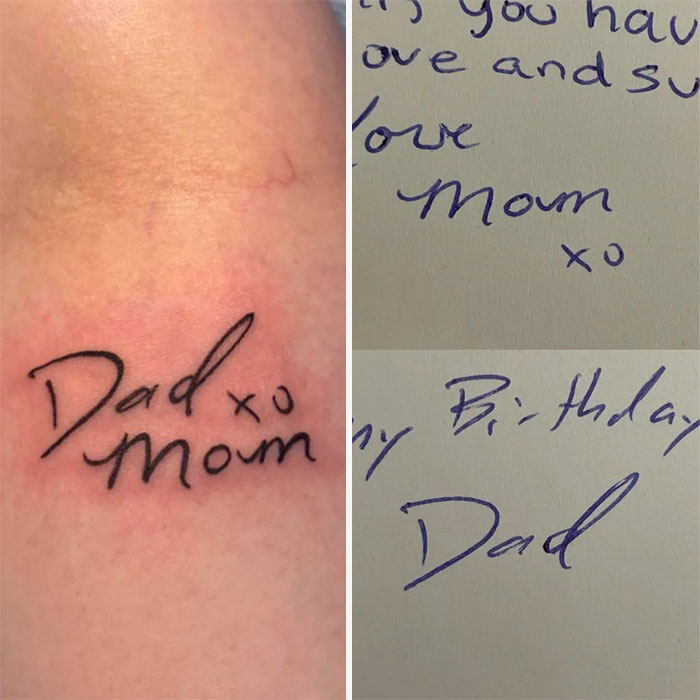 Family memorial tattoo featuring "Dad" and "Mom" in handwritten style on skin.