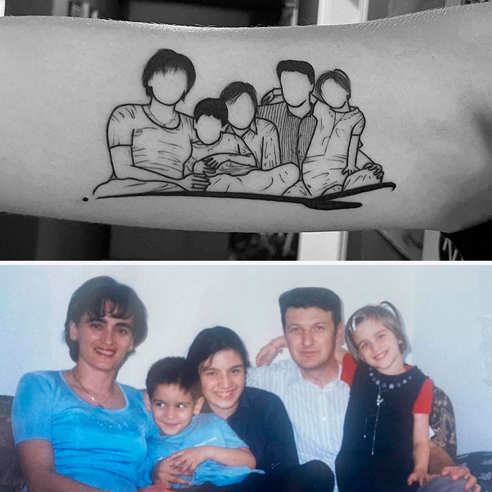 Family memorial tattoo on arm above a family photo for inspiration.