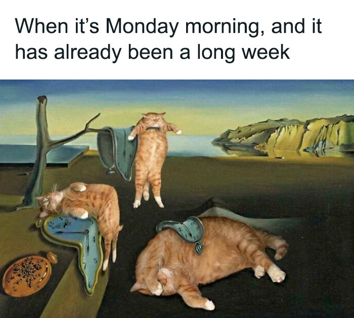 Cats in a surreal art setting evoke Monday memes, capturing the feeling of a long week.