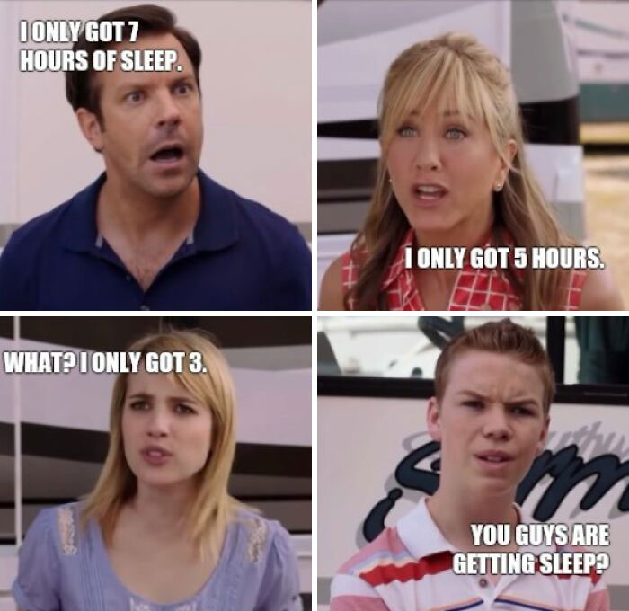 Funny Monday meme with four people comparing how little sleep they got.