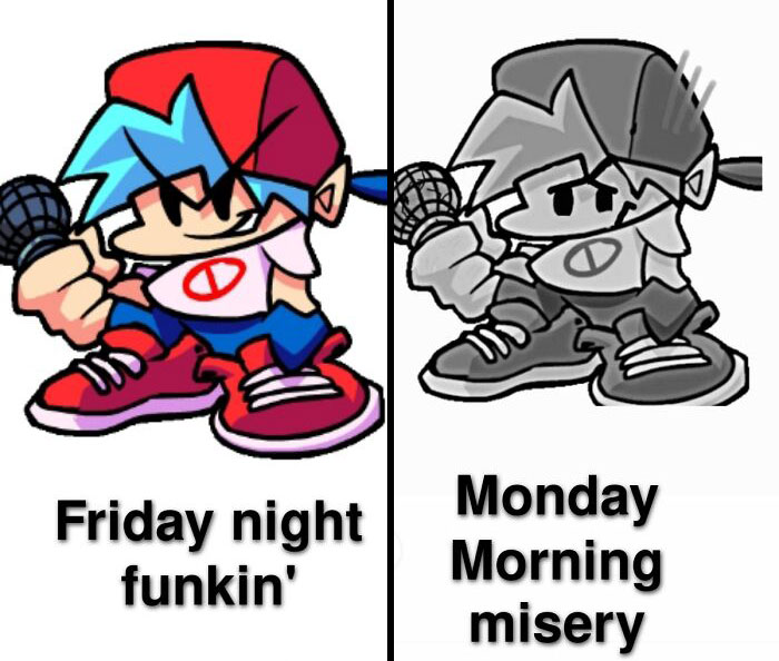 Cartoon character showing weekend excitement vs. Monday misery with microphone.