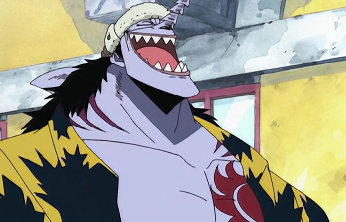 Arlong wearing black and yellow shirt