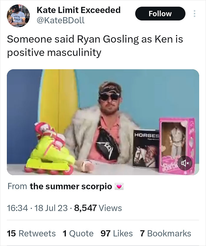 Twitter reaction showing support for Ryan Gosling as Ken with positive masculinity in Barbie movie discussion.