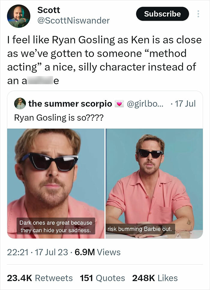 Tweet showing Twitter reactions about Ryan Gosling as Barbie’s Ken with two photos of Gosling in sunglasses and a pink shirt.