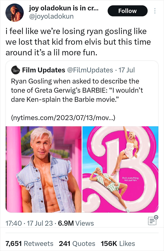 Twitter reactions praising Ryan Gosling’s physique as perfect for Barbie’s Ken in the movie promotion images.