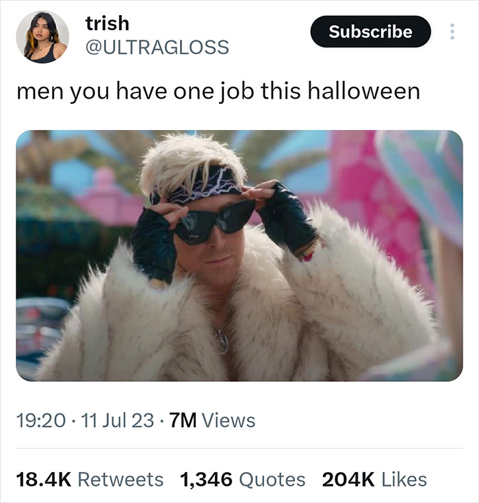 Twitter reaction showing man in fur coat and sunglasses, highlighting Ryan Gosling built to play Barbie’s Ken.