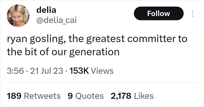 Tweet by user delia praising Ryan Gosling as the greatest committer, referencing Twitter reactions about Barbie’s Ken.