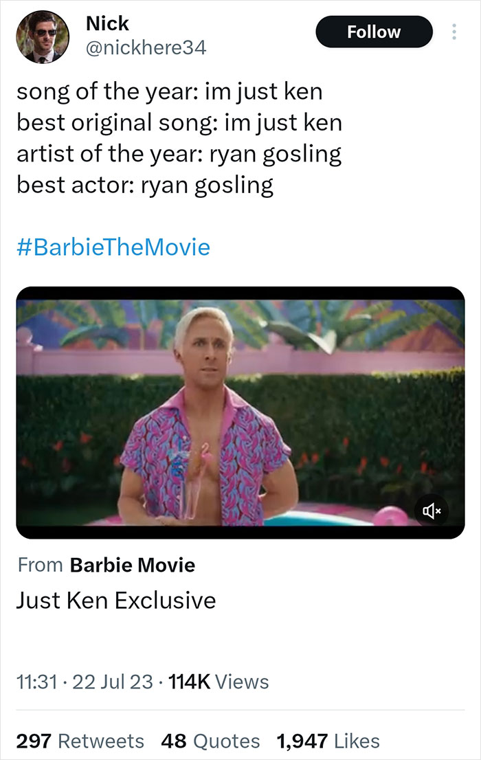 Tweet praising Ryan Gosling as the best actor and artist for Barbie, featuring a scene from Barbie Movie with Ken.