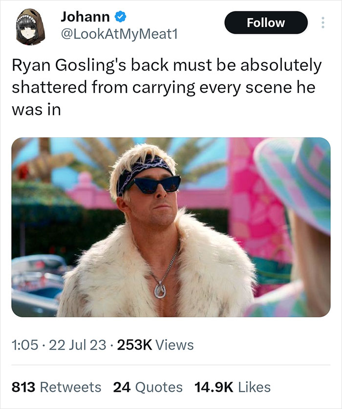 Twitter reaction about Ryan Gosling playing Ken in Barbie, showing a user praising his performance with a film still.
