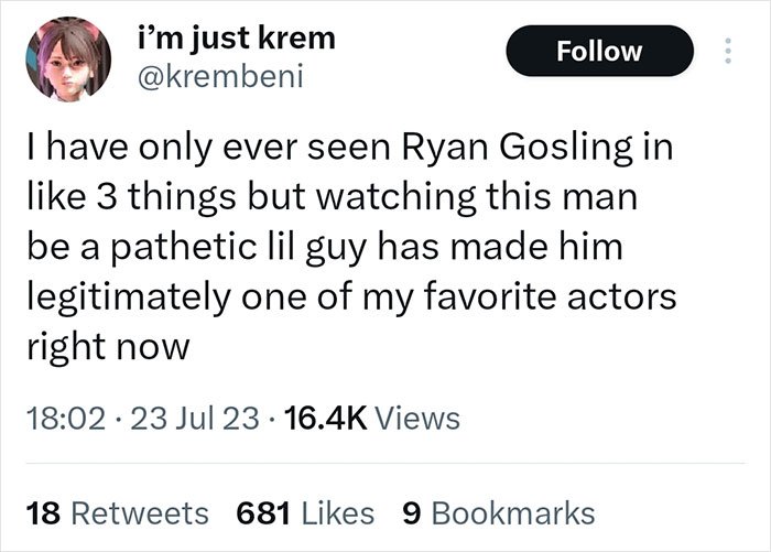 Twitter reaction praising Ryan Gosling’s acting, highlighting his role as Barbie’s Ken and fan admiration online.