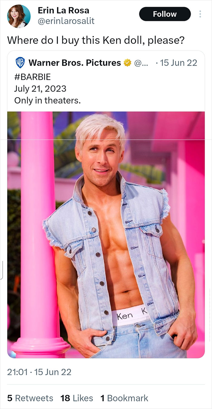 Ryan Gosling as Barbie’s Ken in denim vest and jeans posing in colorful pink setting for movie promotion.