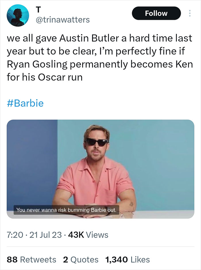 Tweet reacting to Ryan Gosling as Barbie’s Ken, featuring a man in sunglasses and pink shirt discussing Barbie.
