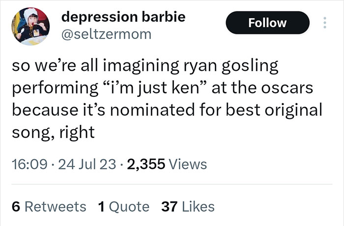 Tweet imagining Ryan Gosling performing "I'm Just Ken" at the Oscars, highlighting Twitter reactions to Barbie’s Ken role.