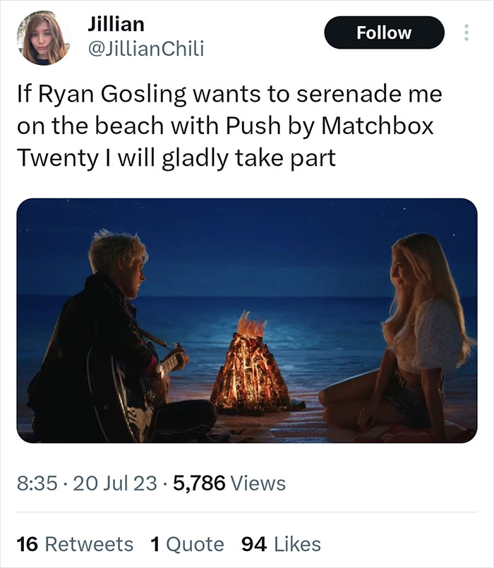 Twitter reaction about Ryan Gosling’s role as Barbie’s Ken with a bonfire beach scene and acoustic guitar.