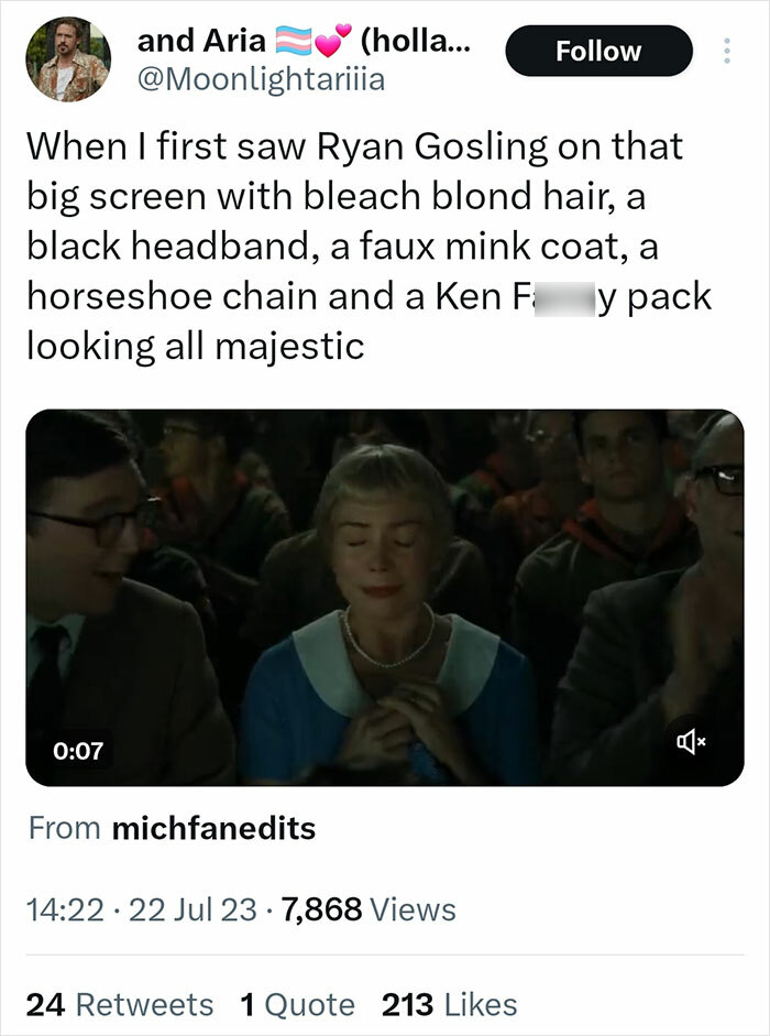 Twitter reaction describing Ryan Gosling’s look as Barbie’s Ken with bleach blond hair and a faux mink coat.