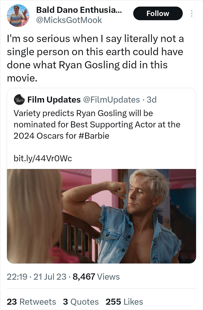 Twitter reaction praising Ryan Gosling’s performance in Barbie with photo of Gosling flexing muscles as Ken.