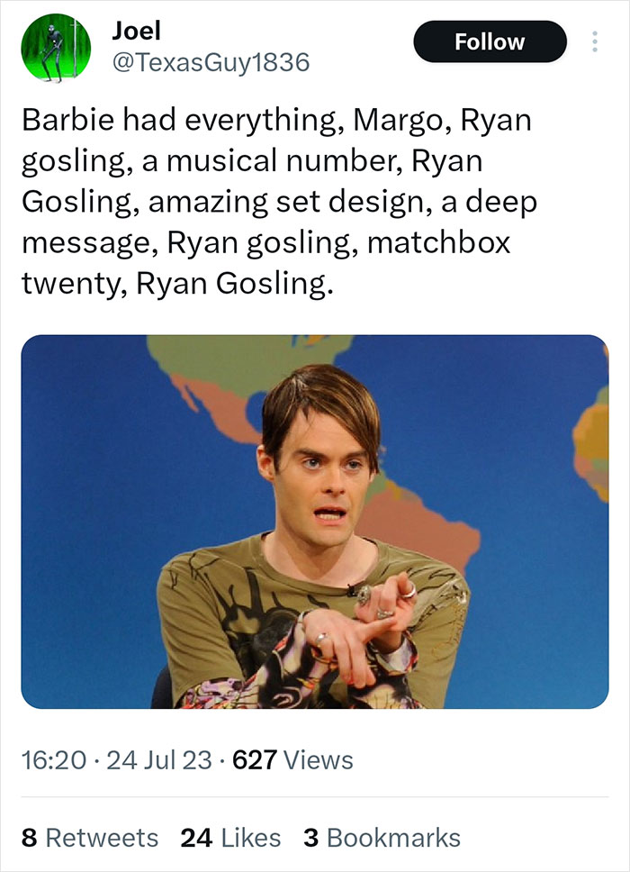 Twitter reaction highlighting Ryan Gosling in Barbie, featuring a user’s tweet and an image of a man gesturing on a show.