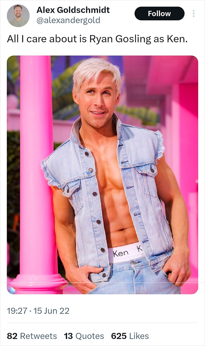 Twitter reaction praising Ryan Gosling as Ken, showing him shirtless in a denim vest with Barbie-themed background.