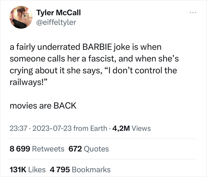 Tweet by Tyler McCall sharing a witty Barbie joke amid Twitter reactions about Ryan Gosling as Ken.