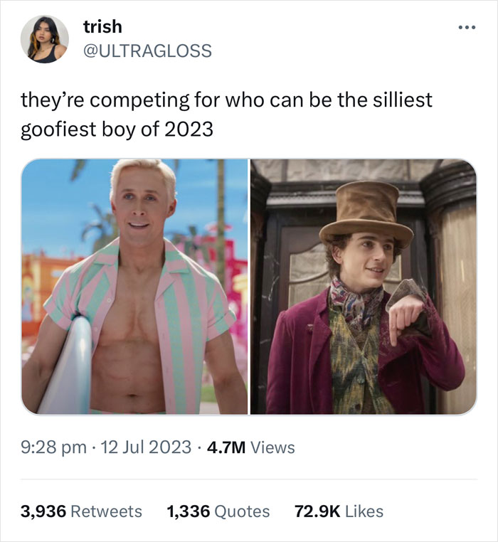 Twitter post comparing silly characters with images of Ryan Gosling as Ken in Barbie and Timothée Chalamet as W***y Wonka, showing popular Twitter reactions about Ryan Gosling Barbie Ken.