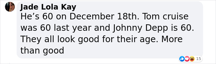 Comment discusses Brad Pitt's age, comparing him to Tom Cruise and Johnny Depp, highlighting how good they look at 60.