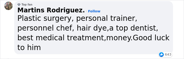 Comment discussing factors like plastic surgery and trainers, in context with Brad Pitt's age and appearance.