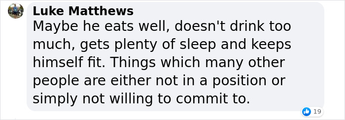 Facebook comment discussing lifestyle tips related to Brad Pitt's age.