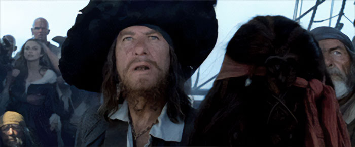 Hector Barbossa on a boat looking up, a key moment from Pirates of the Caribbean quotes capturing the real treasure theme