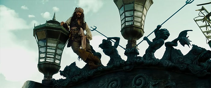 Jack Sparrow leaning on a large ship lamp, iconic scene symbolizing Pirates of the Caribbean quotes and adventure spirit.