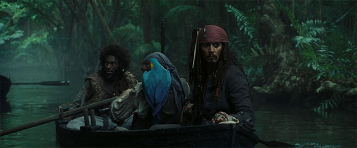Jack Sparrow on a small boat in a dense jungle setting, capturing Pirates of the Caribbean quotes vibe and adventure.